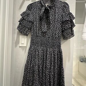 Rebecca Taylor Black and White Ruffle Sleeve Mini Dress